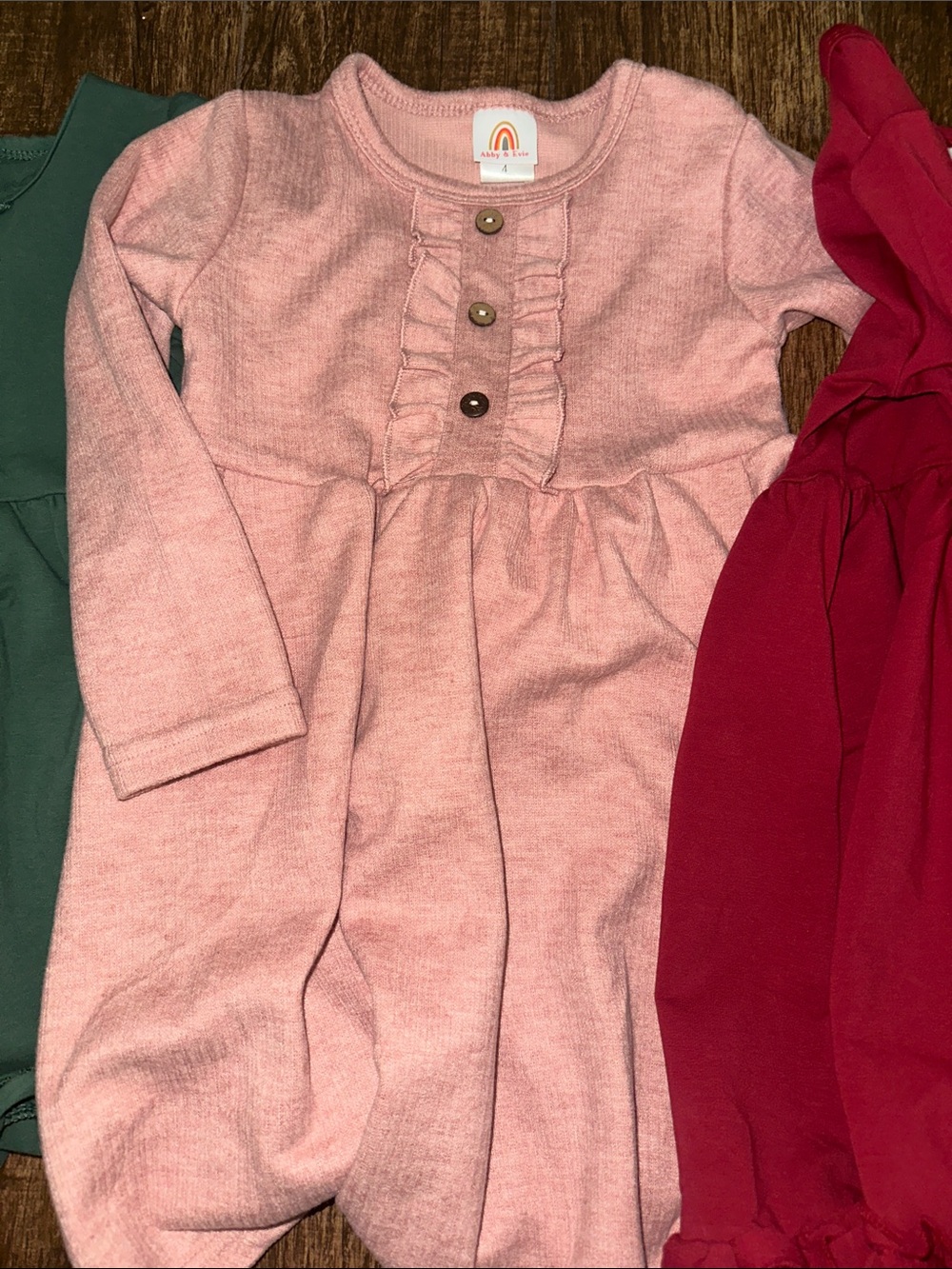 Girls' Ruffle-Trim Long Sleeve Dress - Pink, Green, Red bundle - Picture 4 of 8